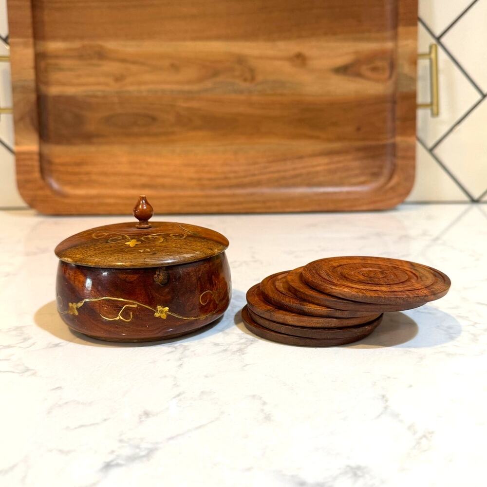 handcrafted wooden coaster set x6 featuring brass floral inlays bohemian
